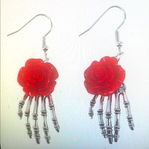 Red Rose Skeleton Hand Earrings